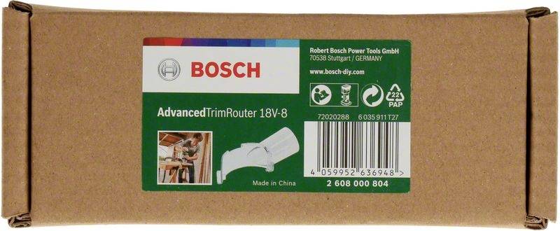 Kartonverpackung eines Bosch AdvancedTrimRouters 18V-8. Abbildung zeigt Gerät und Logo. Hersteller: Robert Bosch Power Tools GmbH, Deutschland.