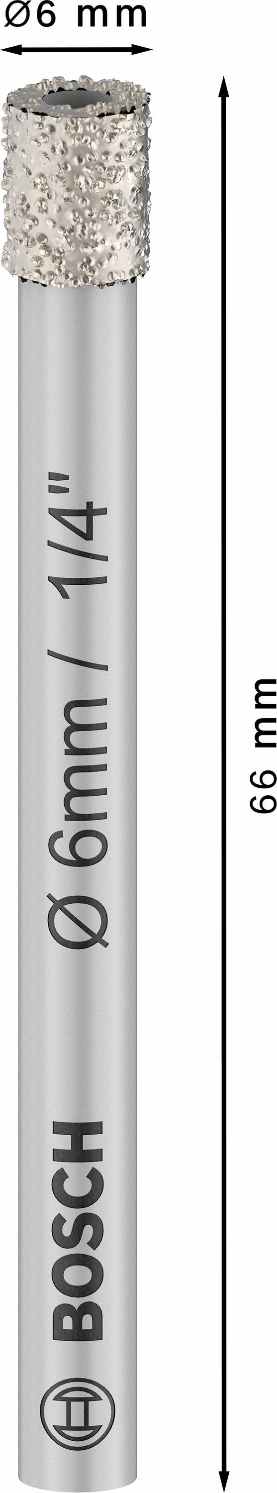 Grauer Bohrer von Bosch, 66 mm lang, 6 mm Durchmesser, mit diamantbeschichtetem Kopf. Für präzise Bohrungen in harten Materialien.