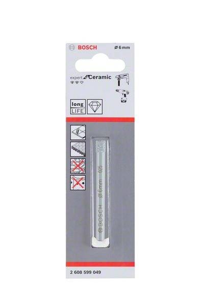 Bohrerpackung mit 6mm Keramikbohrer von Bosch. Geeignet für Fliesen, lange Lebensdauer hervorgehoben, nicht für Holz oder Metall.