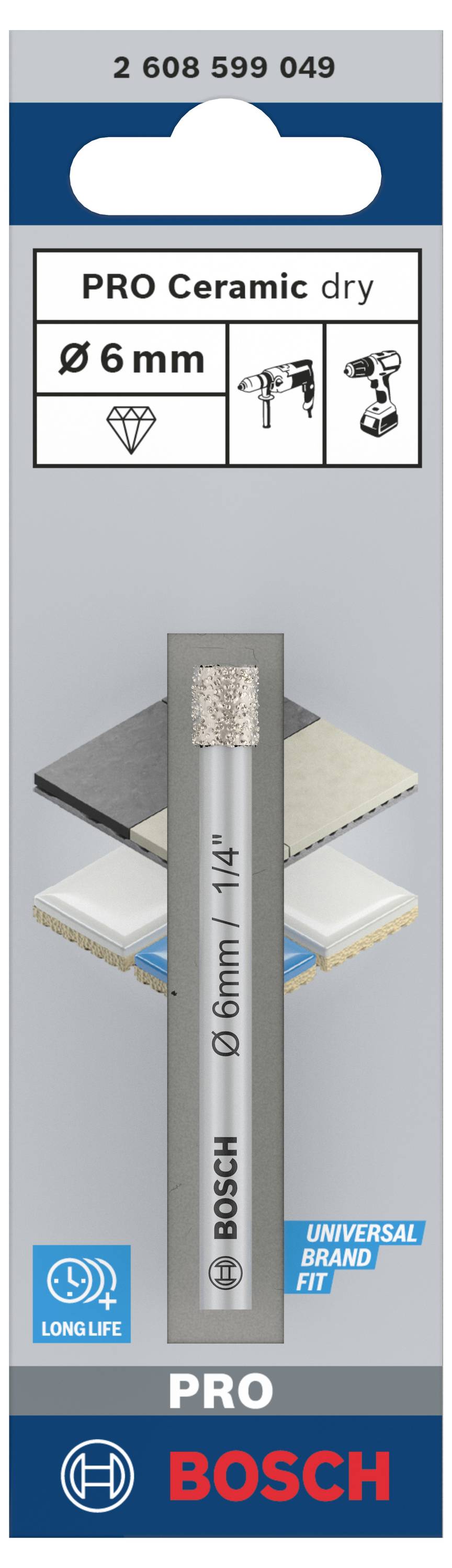 Bohraufsatz-Verpackung mit der Aufschrift 'PRO Ceramic dry', Durchmesser 6 mm. Enthält ein Bild des Bohrers und Logos für Langlebigkeit und universelle Passform.