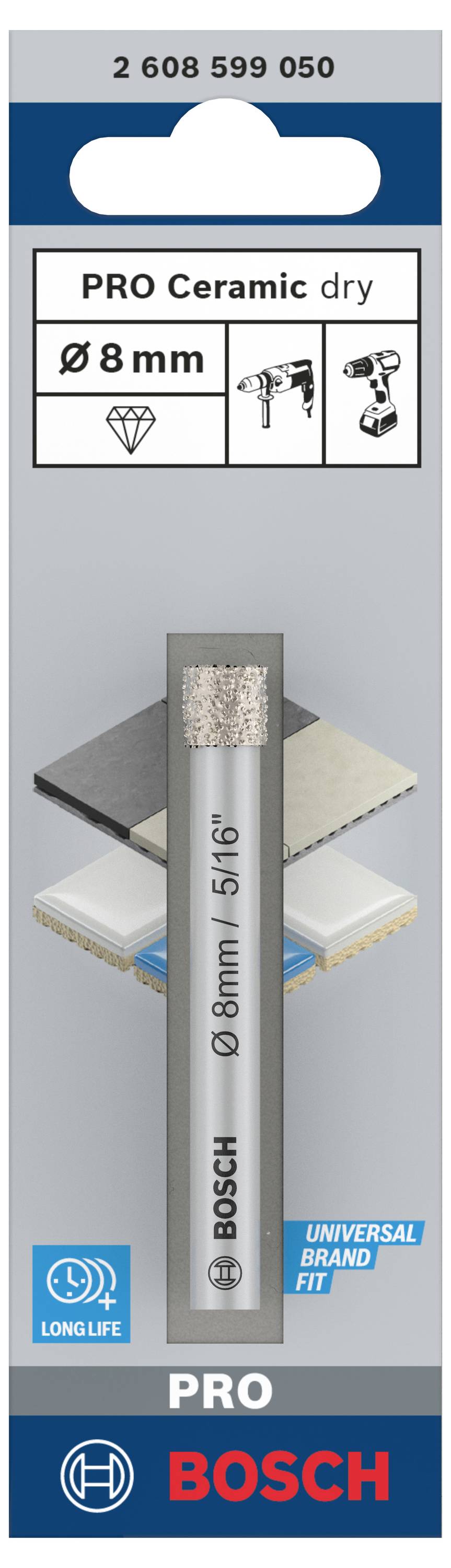 Bohrerpackung: Bosch PRO Ceramic dry, Durchmesser 8 mm. Eignet sich für Fliesen und andere harte Materialien.