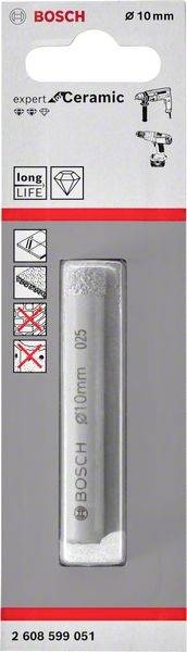 Bohrer von BOSCH, 10 mm, geeignet für Keramik. Enthält Symbole: lange Lebensdauer, nicht für Metall, Holz oder Stein.
