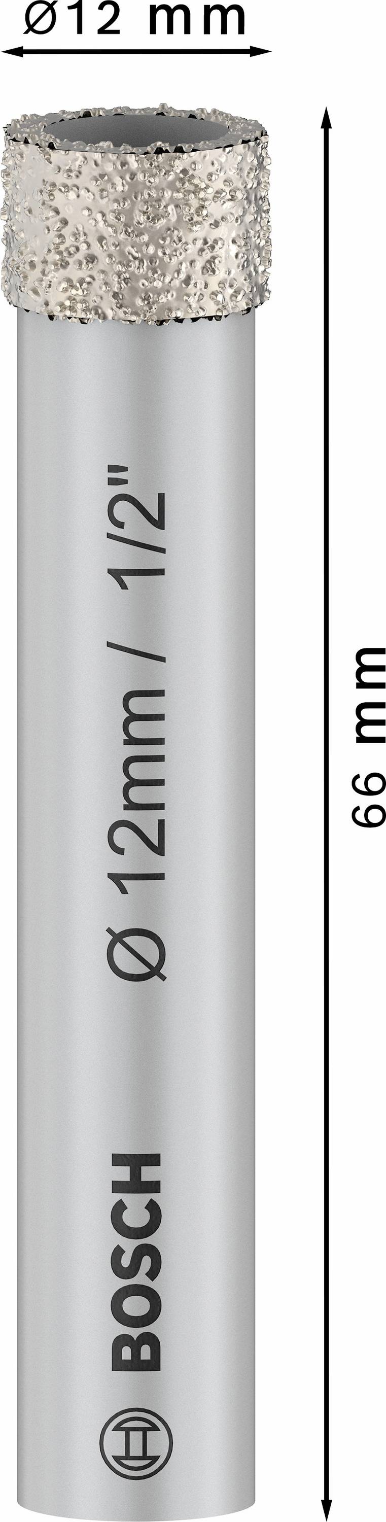 Diamantbohrkrone von Bosch, 66 mm Länge, Durchmesser 12 mm, mit Körnung für präzises Bohren in harten Materialien.