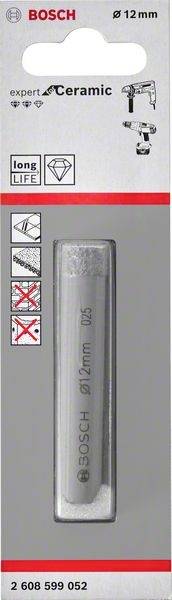 Bohraufsatz-Verpackung von Bosch, geeignet für Keramik, 12 mm Durchmesser, langlebig. Produktabbildung und Anwendungshinweise.