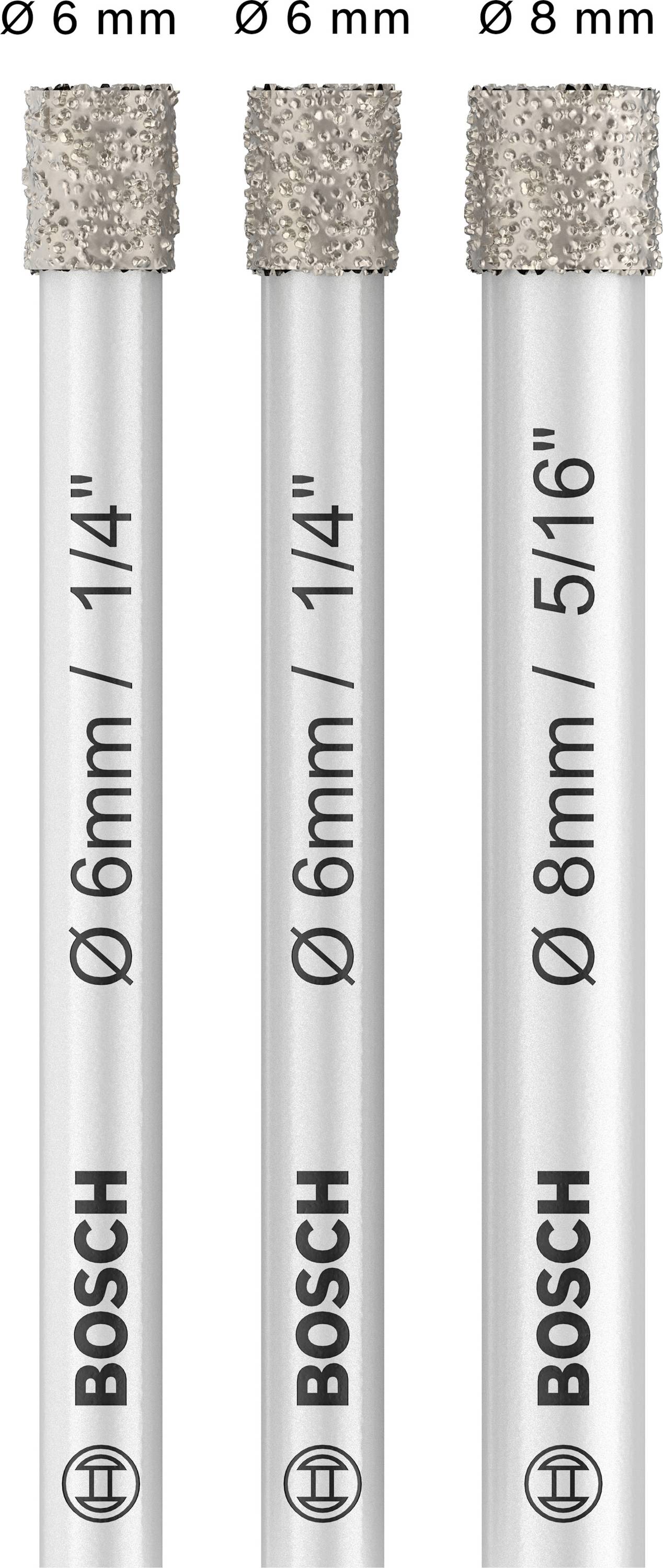 Drei Bosch-Fliesenbohrer mit Durchmessern von 6 mm und 8 mm, jeweils mit diamantbeschichteter Spitze für präzises Bohren.