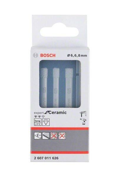 Drei Bosch Keramikbohrer (Durchmesser 6, 6, 8 mm) in grauer Verpackung mit rotem Bosch-Logo, geeignet für präzises Bohren.