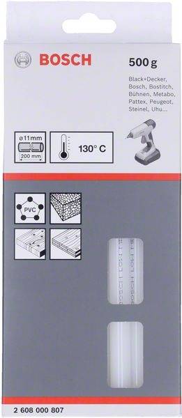 Verpackung von Bosch Heißklebesticks. Enthält 500g, geeignet für 11mm Durchmesser Pistolen und 130°C. Verwendbar auf PVC und Holz.
