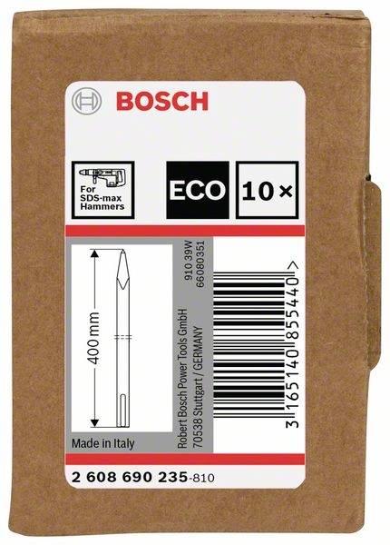 Kartonverpackung für Bosch SDS-max Bohrer, 400 mm Länge, 10 Stück, hergestellt in Italien.
