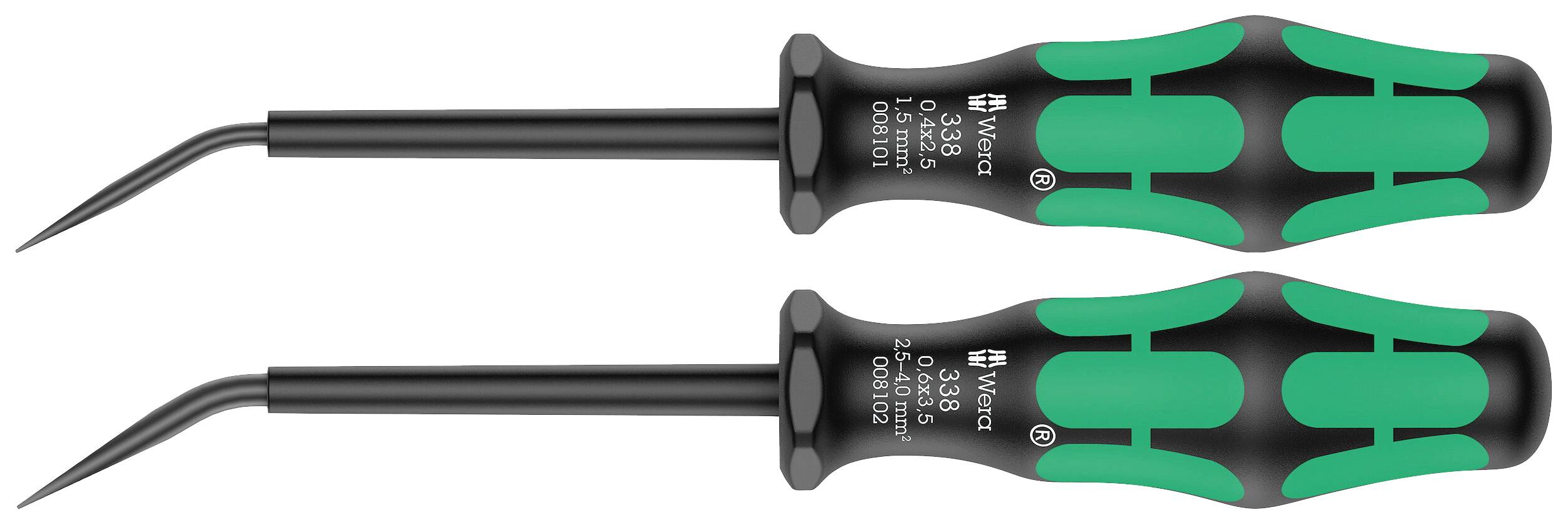 Zwei Schraubendreher mit schwarzen Griffen und grünen Einsätzen. Die Griffe sind ergonomisch geformt. Ideal für präzises Arbeiten.