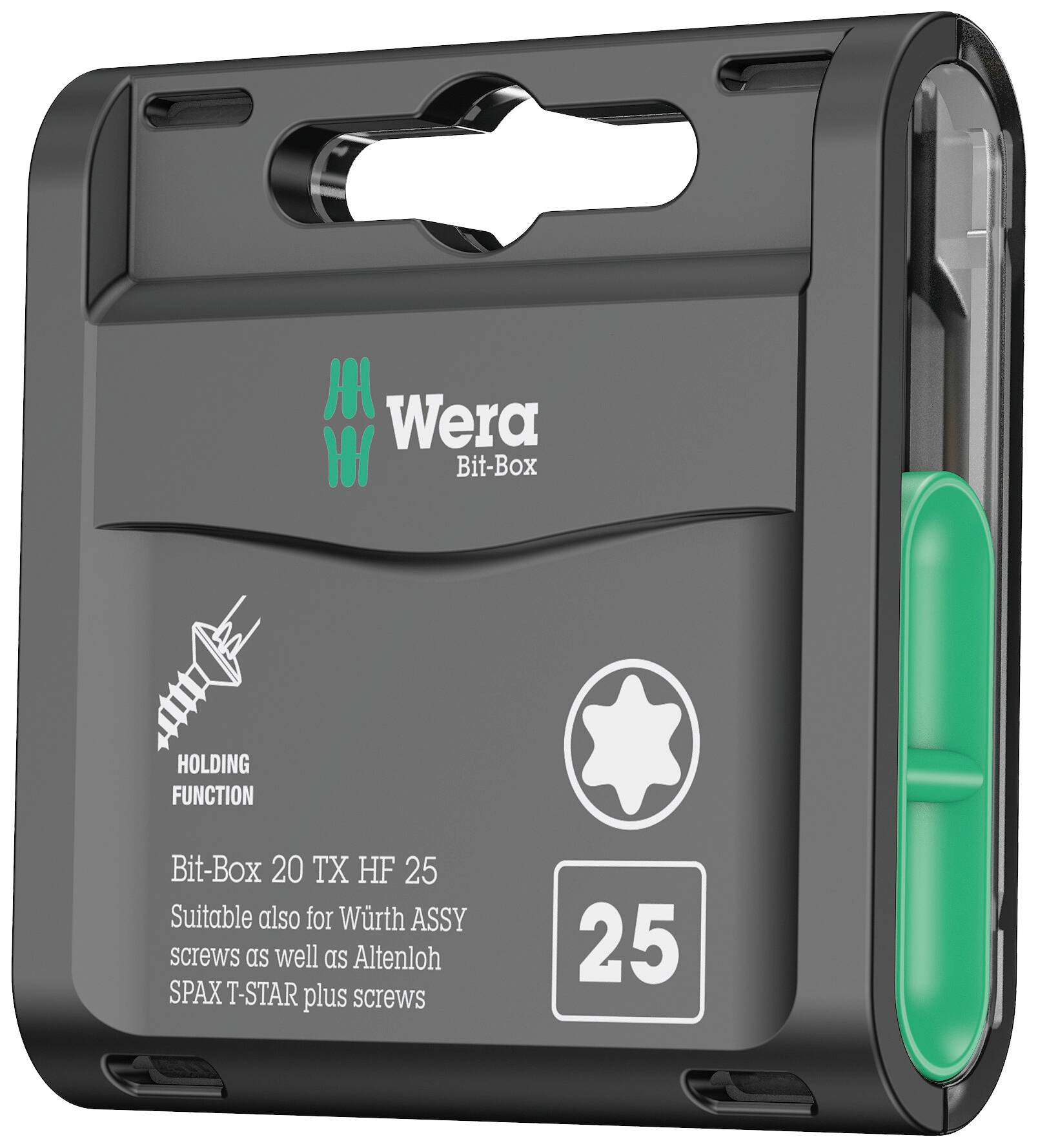 Eine schwarze Bit-Box der Marke Wera für 25 Torx-Bits, passend für ASSY- und SPAX-T-STAR-Schrauben, mit Haltefunktion.