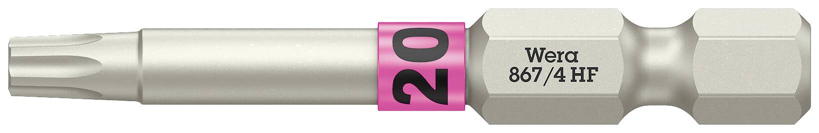 Ein silberner Schraubaufsatz mit der Aufschrift 'Wera 867/4 HF' und einer pinken Markierung mit '20'. Geeignet für Torx-Schrauben.