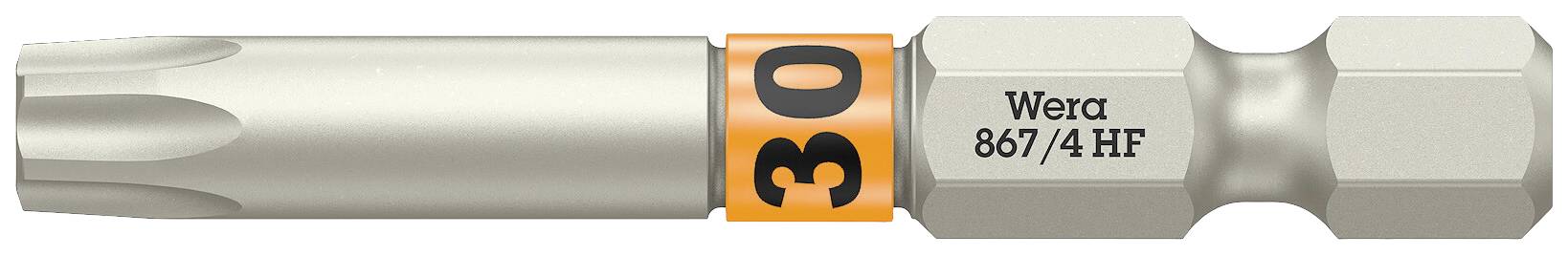 Bitschraubendreher mit Torx-Spitze, silber mit orangenem Ring; Aufschrift 'Wera 867/4 HF'. Eignet sich für präzises Schrauben.