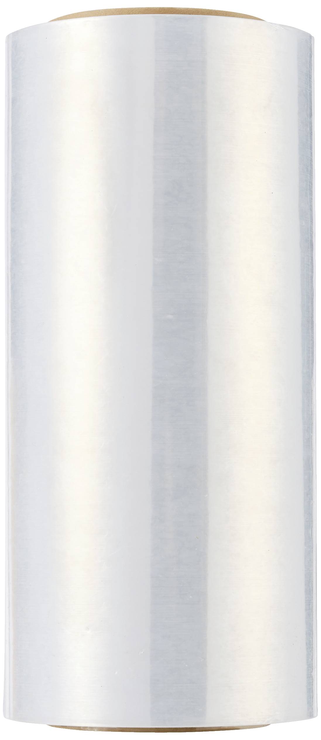 Eine Rolle transparente Plastikfolie, aufrecht stehend, vor einem neutralen Hintergrund.