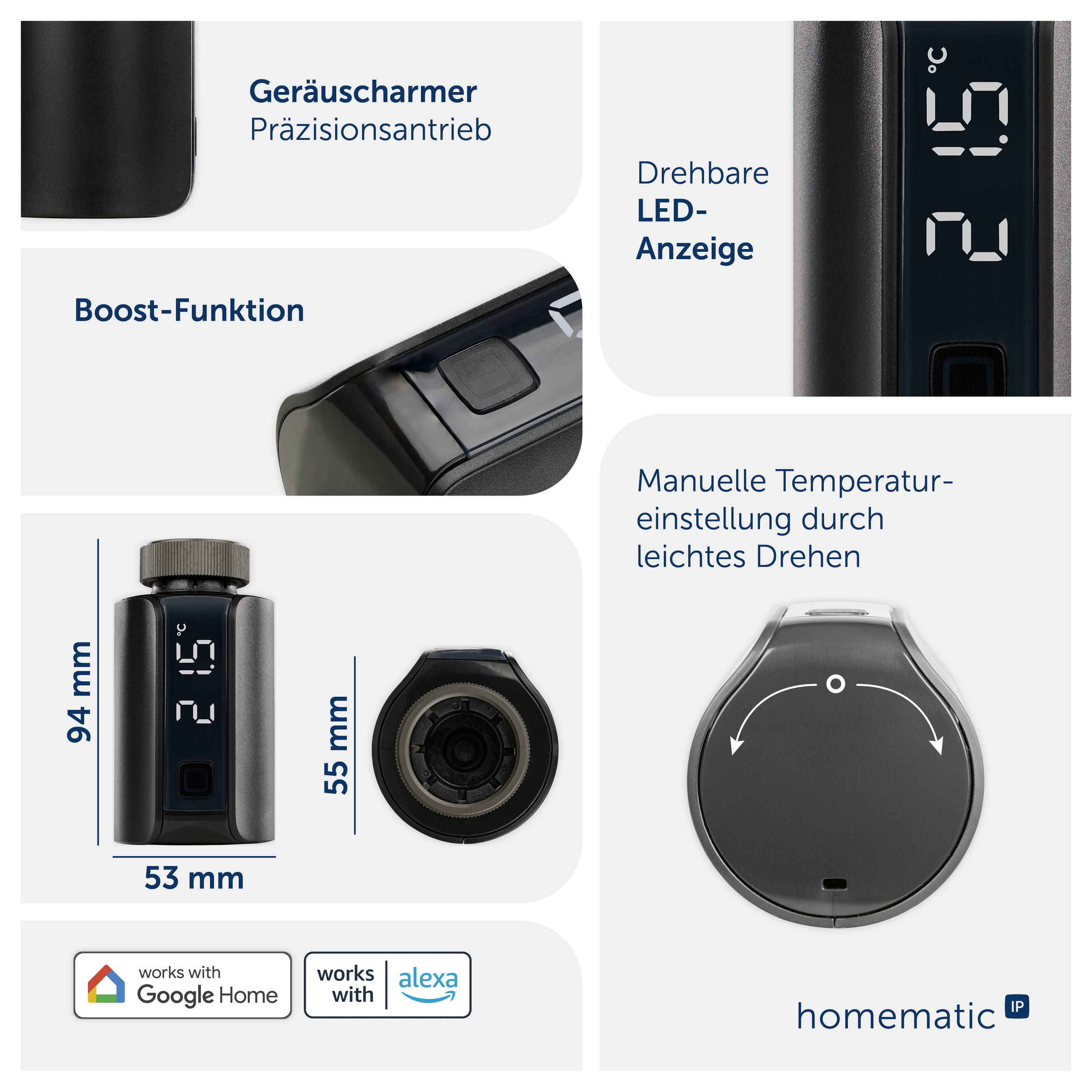 Produktgrafik eines smarten Heizkörperantriebs von Homematic IP mit drehbarer LED-Anzeige, Boost-Funktion und manueller Temperaturregelung; Maße 94 x 55 mm.