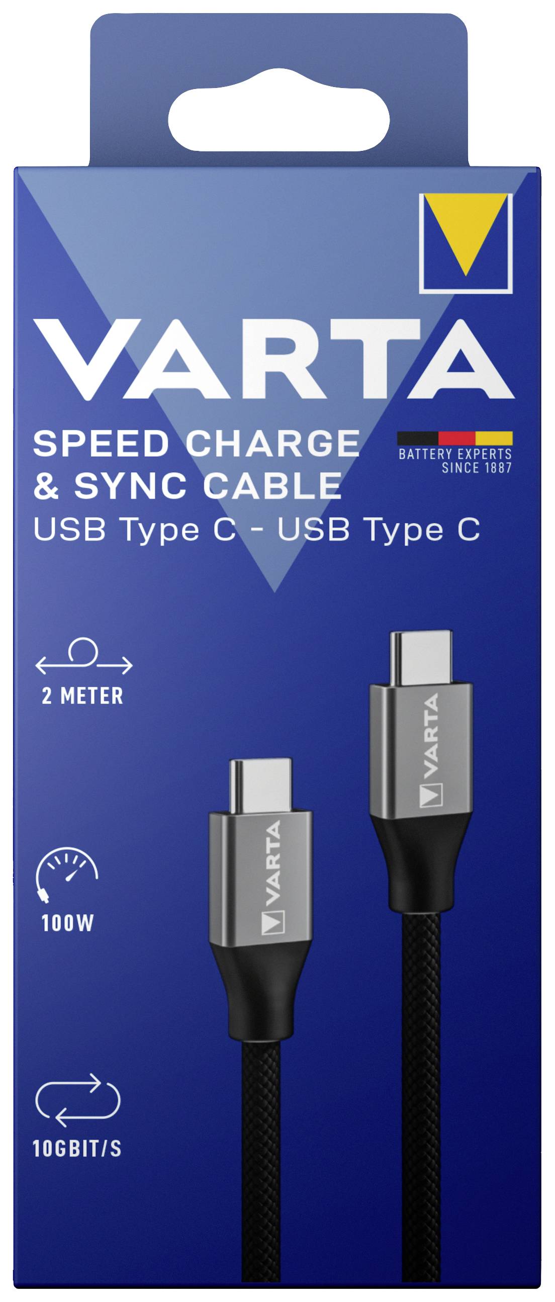 USB-C-Kabelverpackung mit der Aufschrift 'VARTA Speed Charge & Sync Cable'. Merkmale: 2 Meter, 100W, 10 Gbit/s Übertragung.
