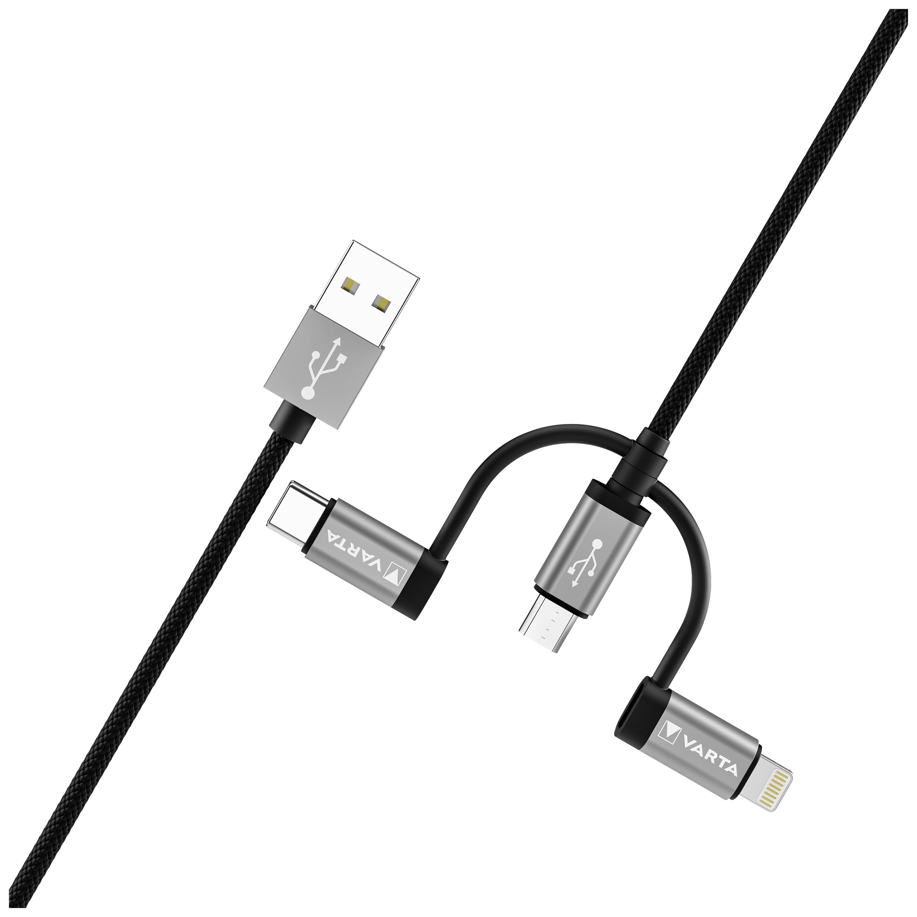 Ein schwarzes Ladekabel mit vier verschiedenen Anschlüssen: USB-A, USB-C, Micro-USB und Lightning, geeignet für diverse Geräte.