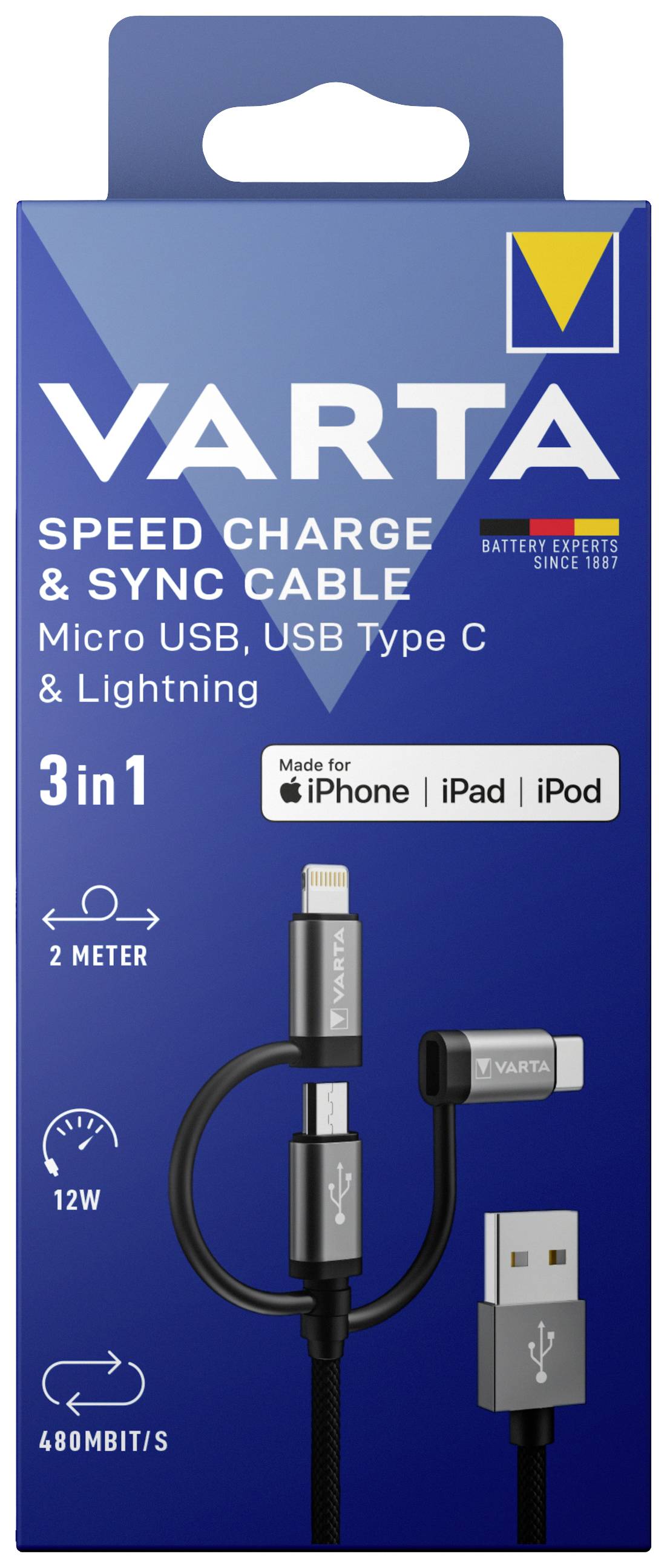 Verpackung eines VARTA 3-in-1 Kabels mit 2 m Länge, kompatibel mit Micro USB, USB Typ C und Lightning, geeignet für iPhone, iPad, iPod.