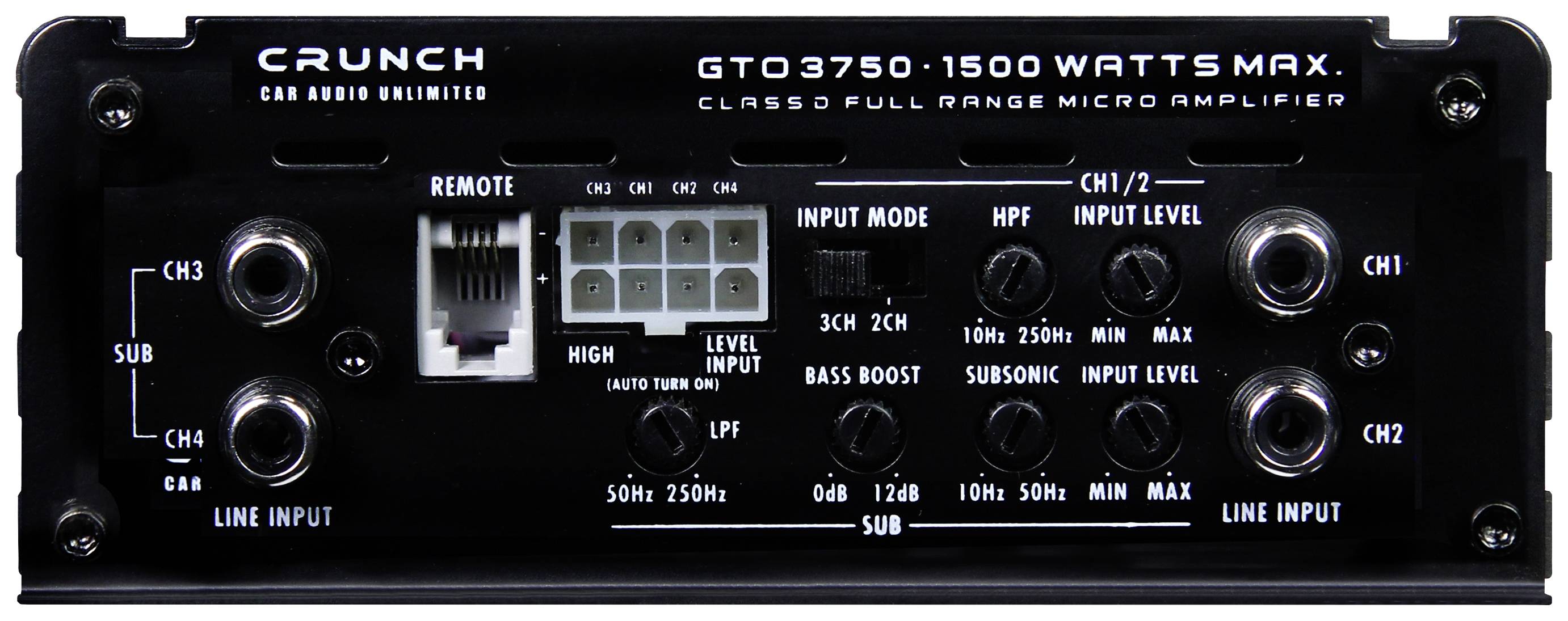 Rückseite eines Crunch GTO3750 Verstärkers mit Anschlüssen für CH3, CH1/2, Subwoofer-Eingaben und Regler für Bass Boost, HPF, LPF.