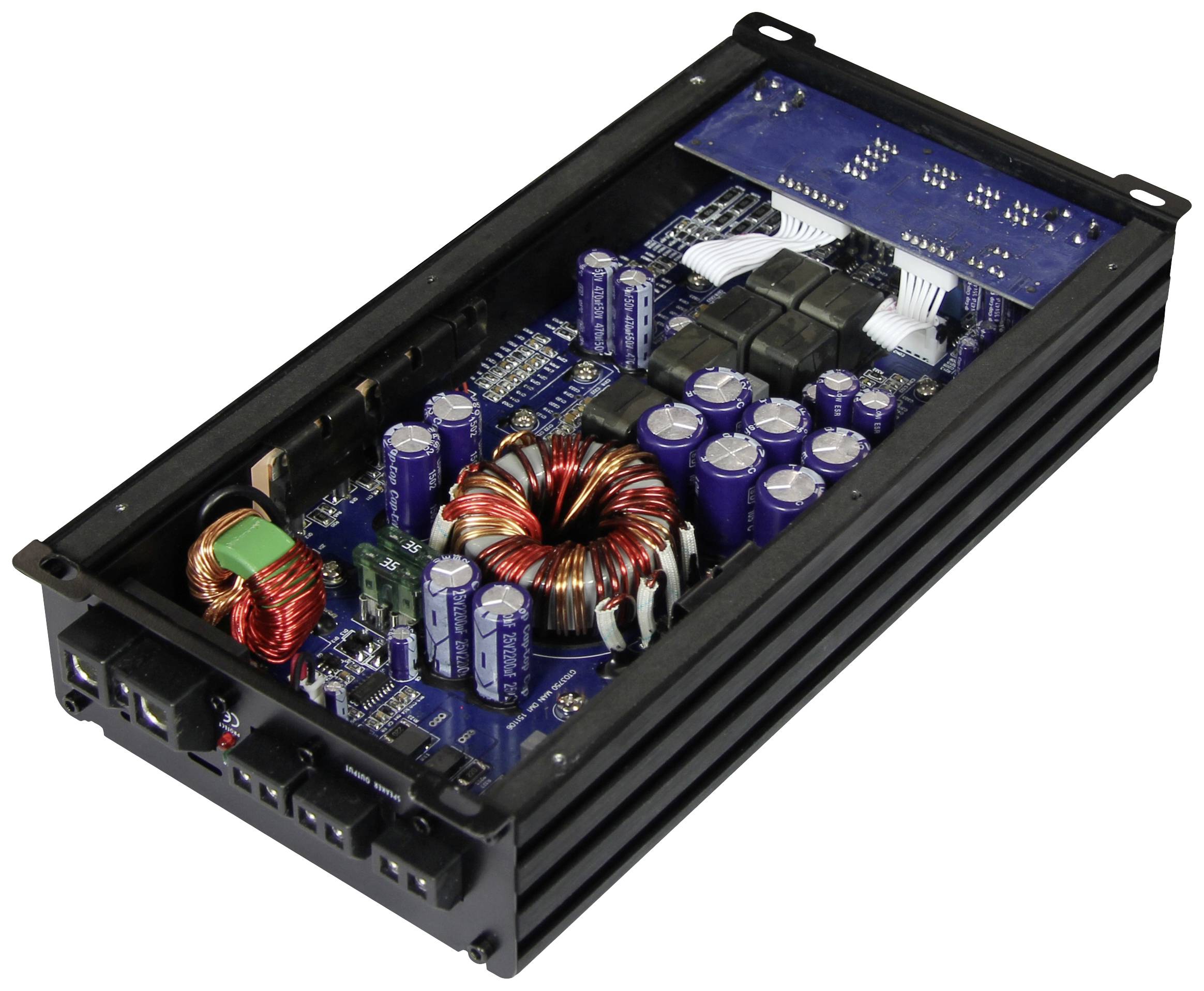 Ein offenes Elektronikgerät zeigt eine Leiterplatte mit verschiedenen elektronischen Bauteilen und Kupferspulen in einem schwarzen Gehäuse.