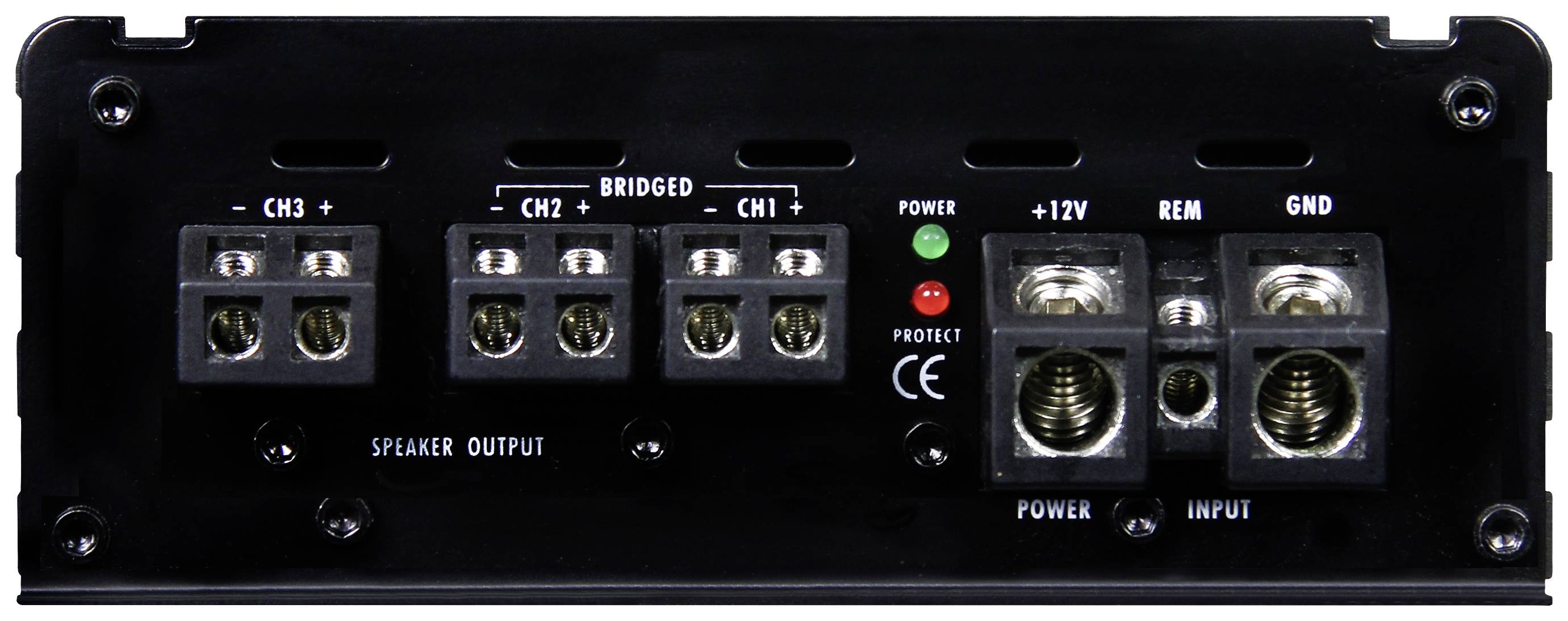 Audioverstärker-Rückseite mit Lautsprecher- und Stromanschlüssen. Beschriftungen für Kanäle 1 bis 3, gebrückt, +12V, REM, GND sichtbar.