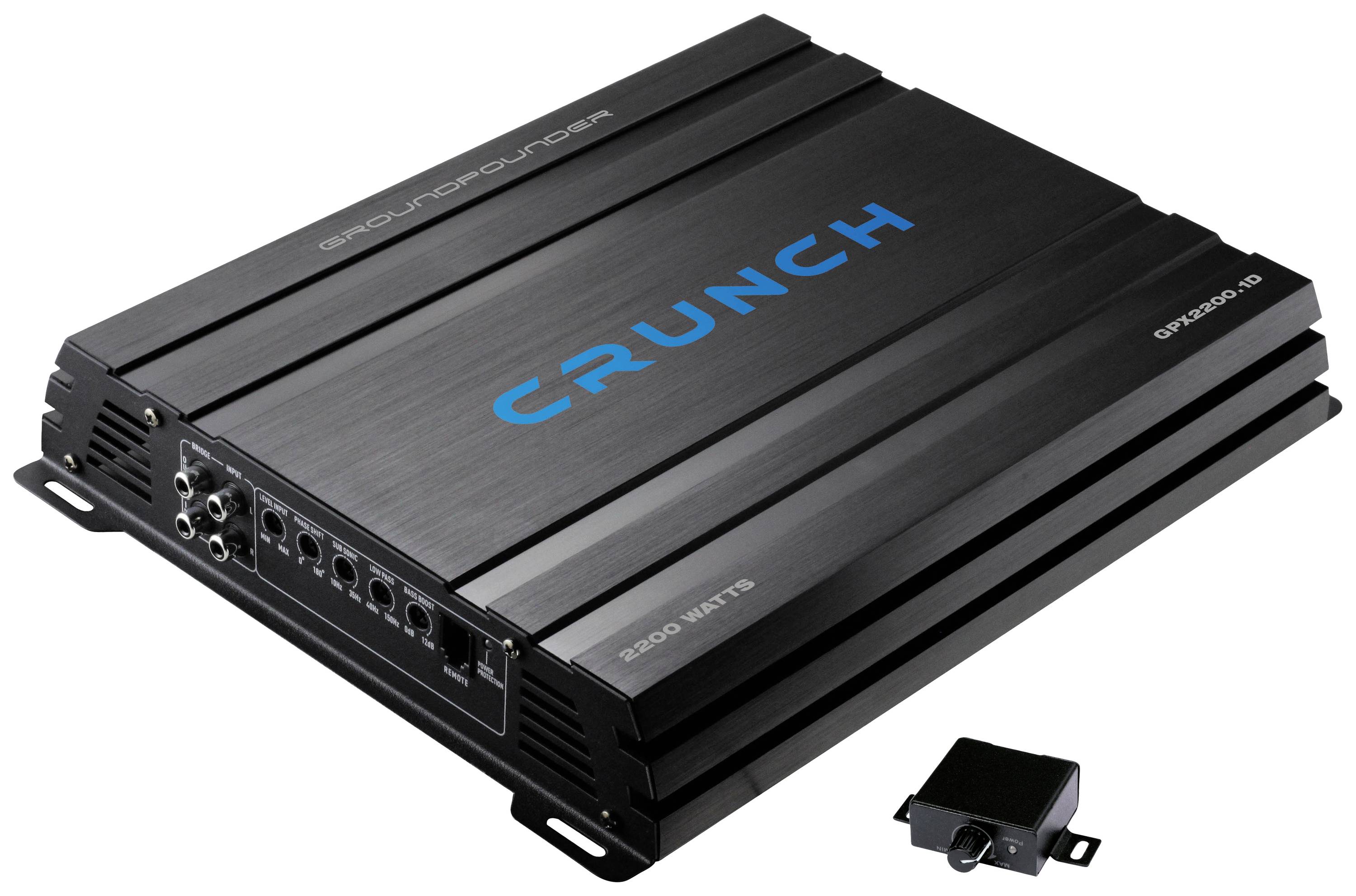 Ein kompakter, schwarzer Verstärker mit blauer Aufschrift 'CRUNCH', Modell GPX2500.1D, Leistung 2500 Watt, Anschlüsse an der Seite.