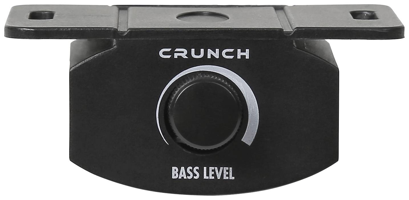 Ein schwarzer Regler mit der Aufschrift 'CRUNCH BASS LEVEL' zur Einstellung des Basspegels.