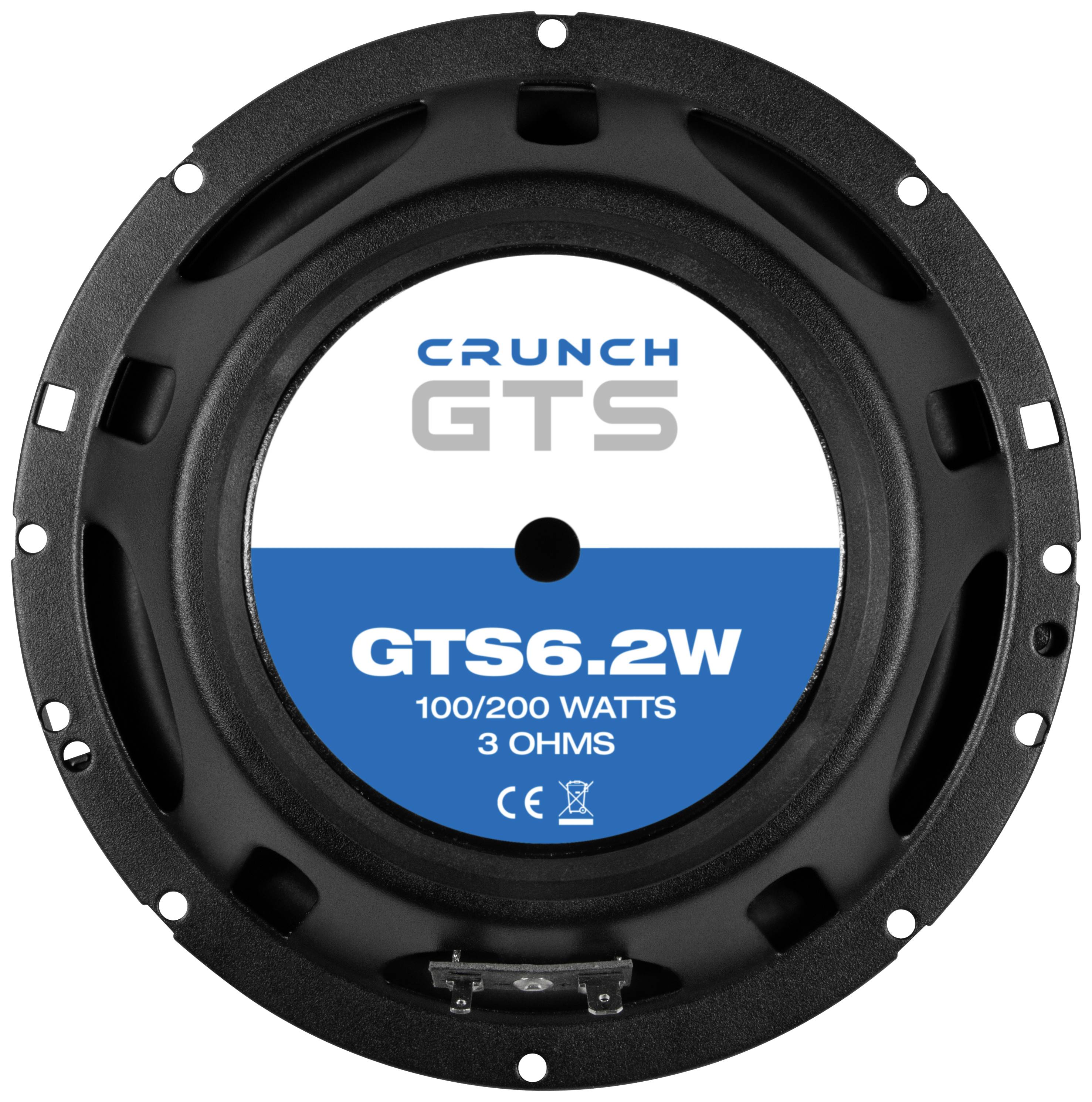 Rundlautsprecher mit der Aufschrift 'CRUNCH GTS6.2W, 100/200 WATTS, 3 OHMS'.