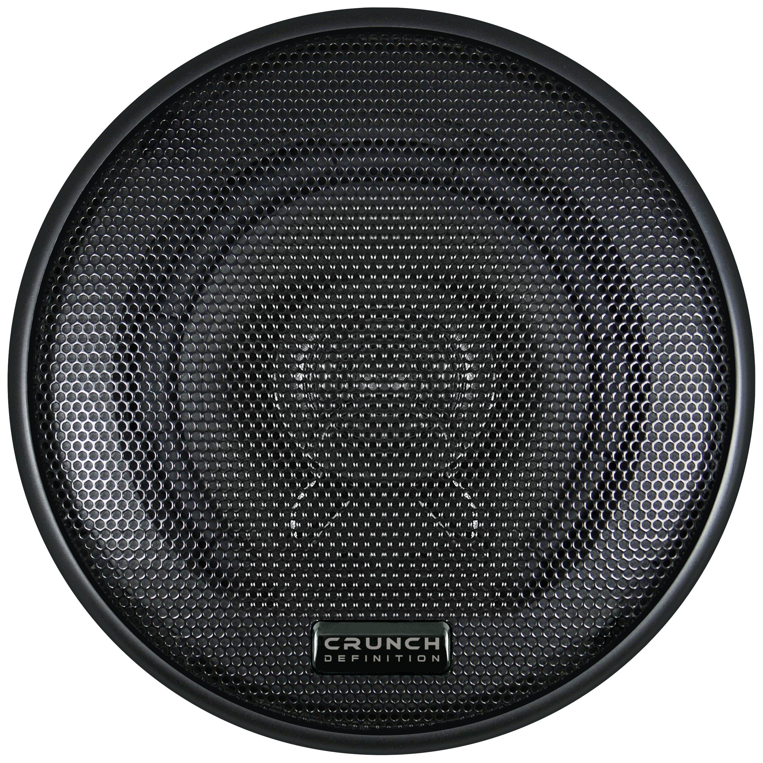 Ein schwarzer Lautsprecher mit einem Gittermuster und einem Etikett 'Crunch Definition' in der Mitte.