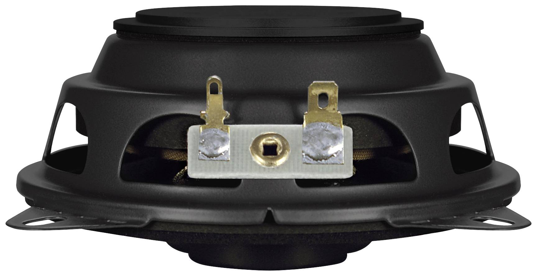 Ein schwarzer Lautsprecher in Seitenansicht mit sichtbaren Anschlüssen an der Rückseite.