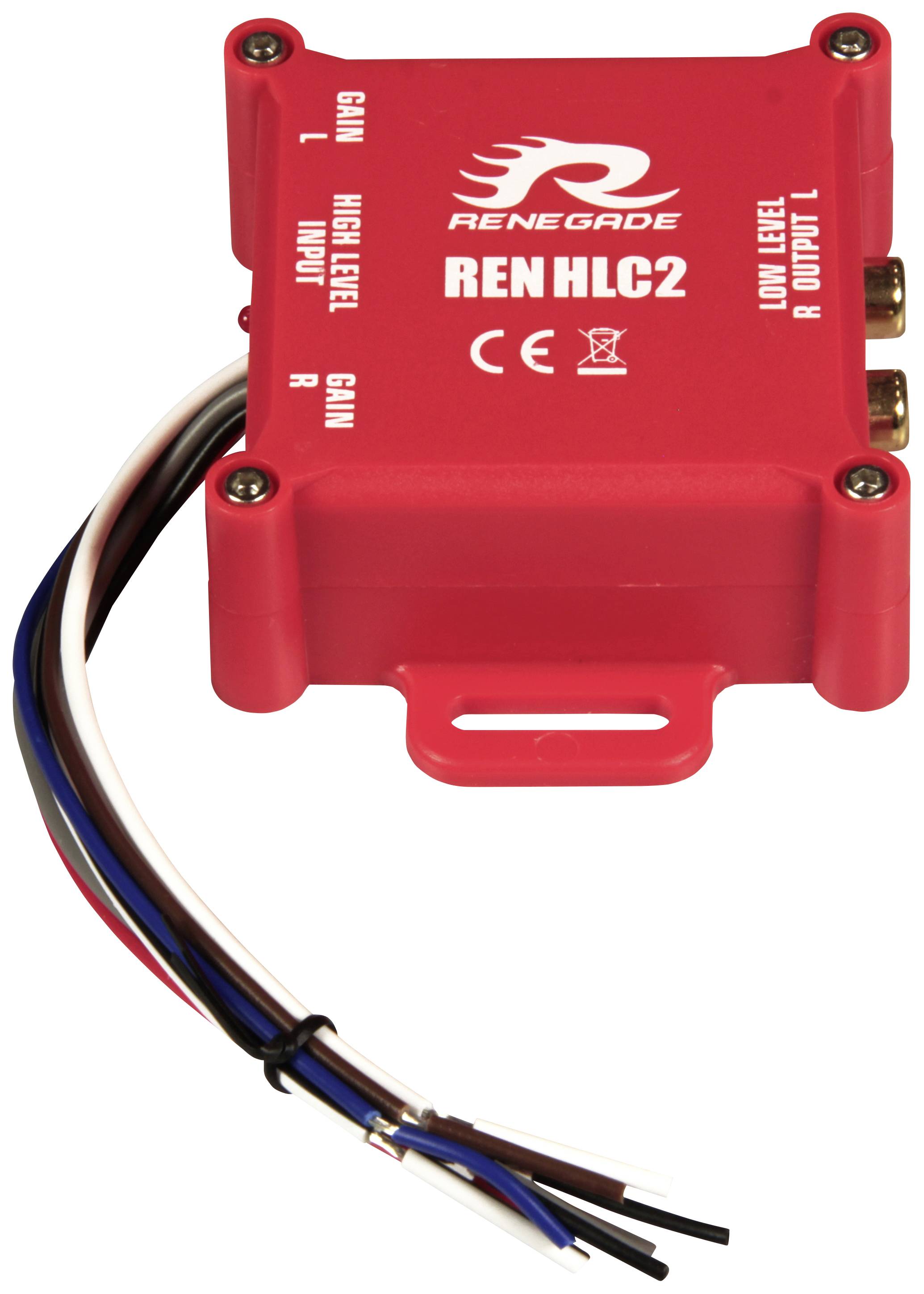 Ein roter Audio-Konverter mit der Aufschrift 'REN HLC2'. Verfügt über mehrere Kabelanschlüsse. Verwendet zum Umwandeln von High-Level- zu Low-Level-Signalen.