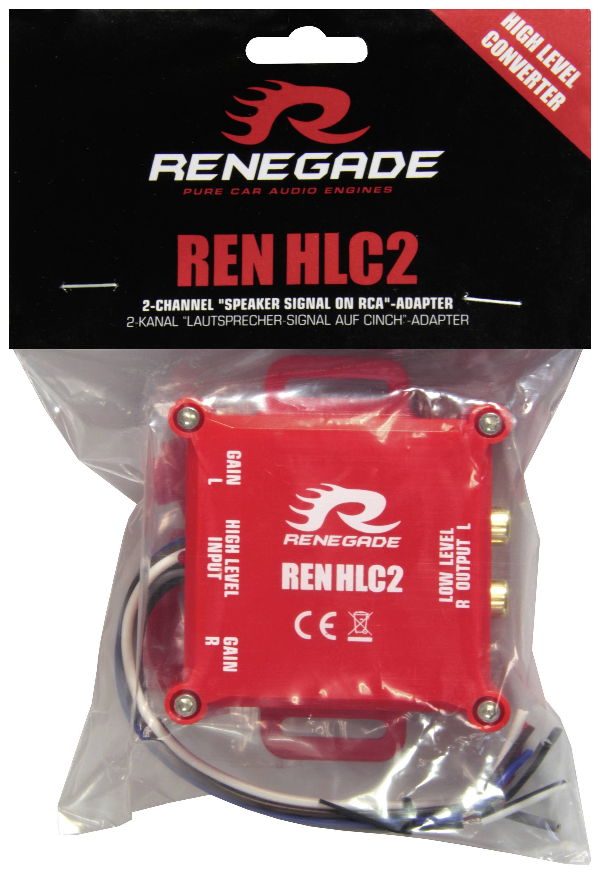 'Renegade REN HLC2', ein 2-Kanal-High-Level-Konverter im transparenten Beutel, konvertiert Lautsprechersignale auf RCA-Ausgang.