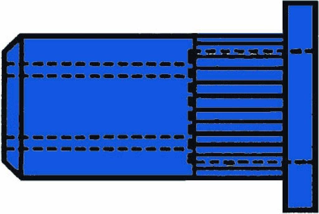 Eine technische Zeichnung einer blauen, zahnradähnlichen mechanischen Komponente mit mehreren Rillen und einem Flansch an einem Ende.