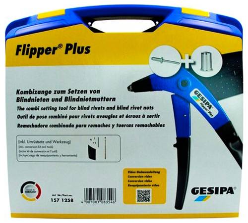Verpackung für Gesipa Flipper Plus, ein Kombi-Einstellwerkzeug für Blindniete und Blindnietmuttern, gezeigt mit Werkzeugabbildung und Produktdetails.