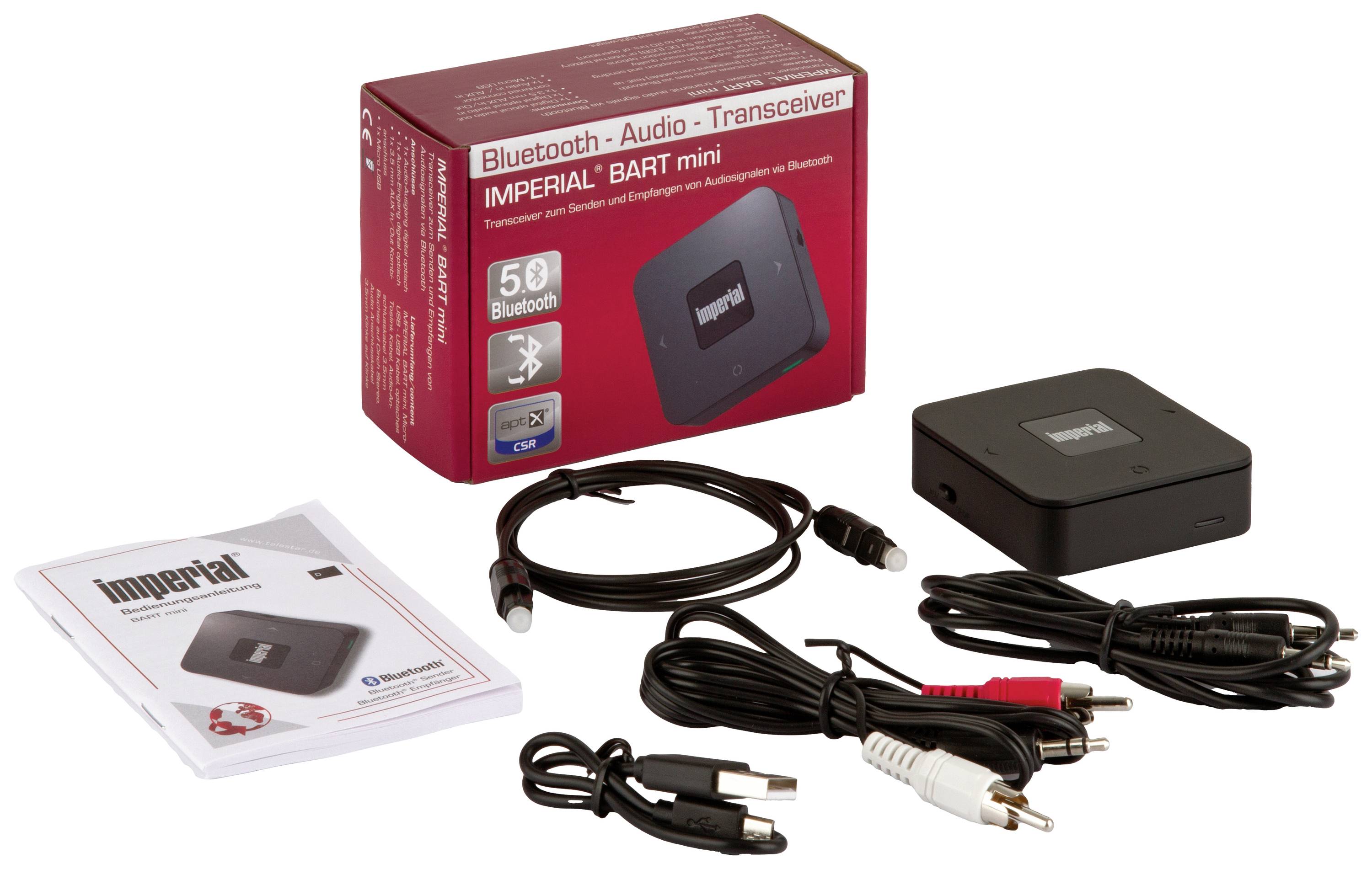 Bluetooth-Audio-Transceiver 'Imperial BART mini' mit Zubehör: verschiedene Kabel und Handbuch. Verpackung im Hintergrund.