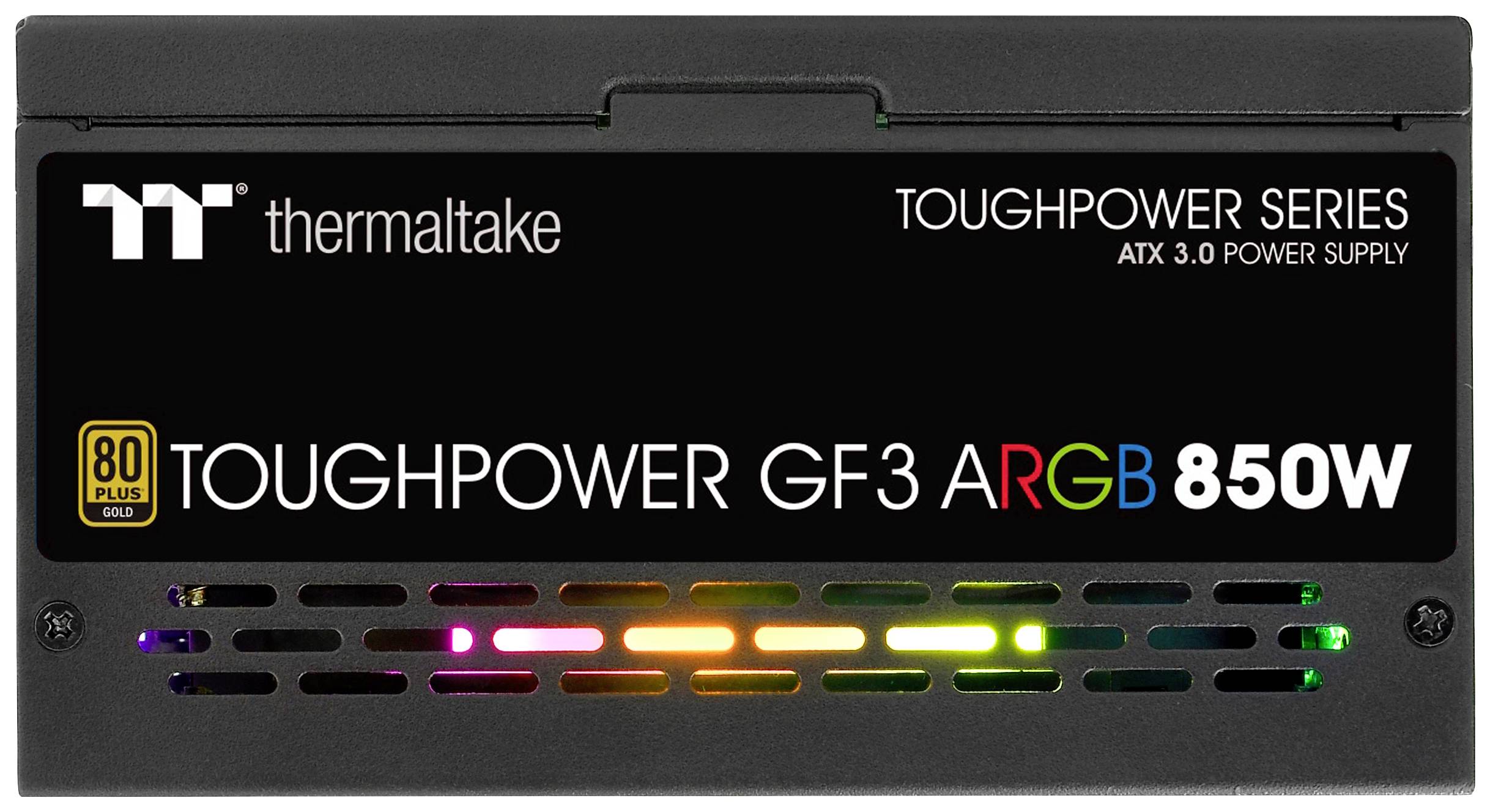 Netzteil von Thermaltake der Toughpower-Serie, 850 Watt, ATX 3.0, mit ARGB-Beleuchtung und 80 PLUS Gold-Zertifizierung.
