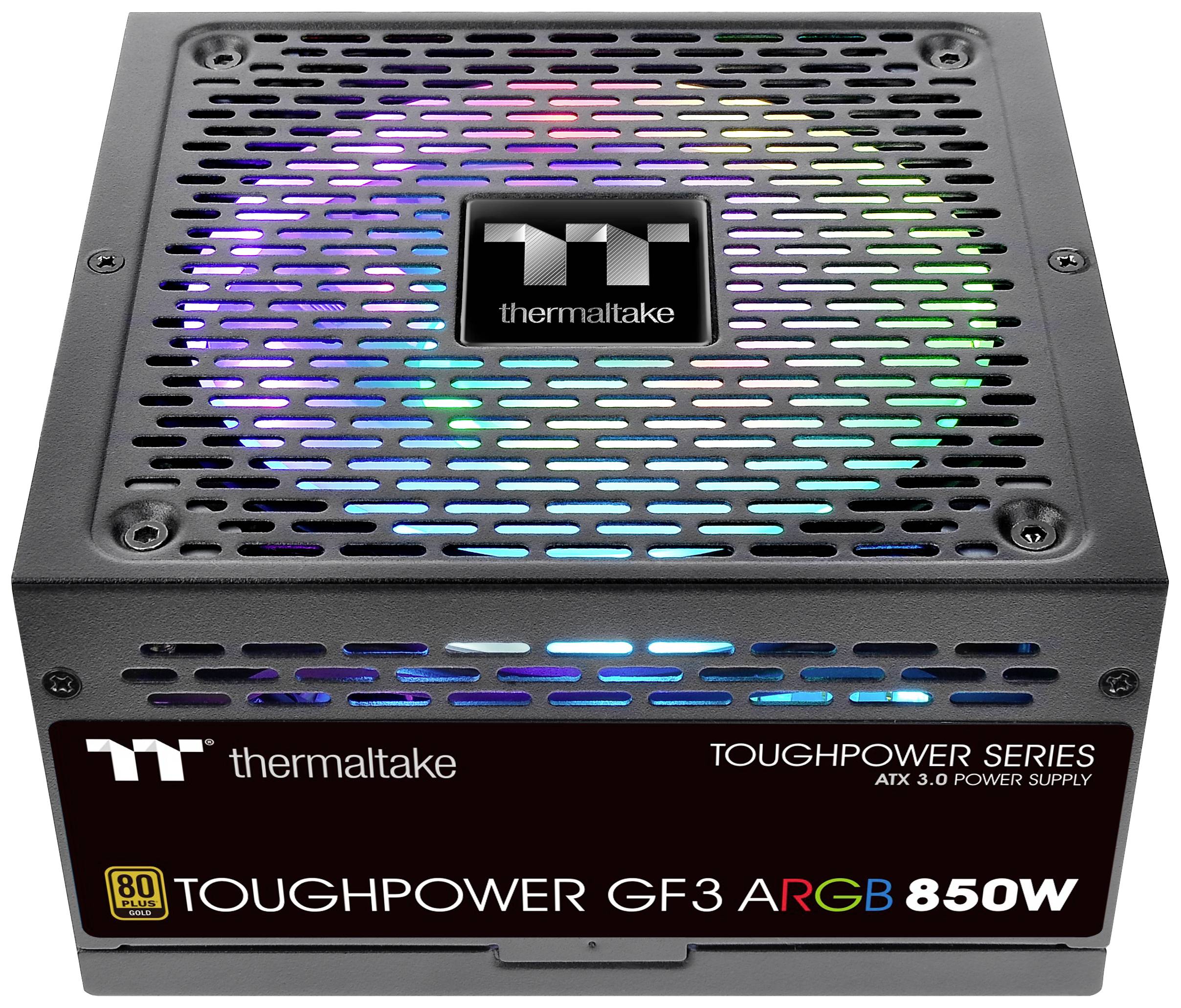 Netzteil 'Thermaltake TOUGHPOWER GF3 ARGB 850W', zeigt oberes Lüftergitter mit Regenbogenbeleuchtung, geeignet für ATX 3.0.