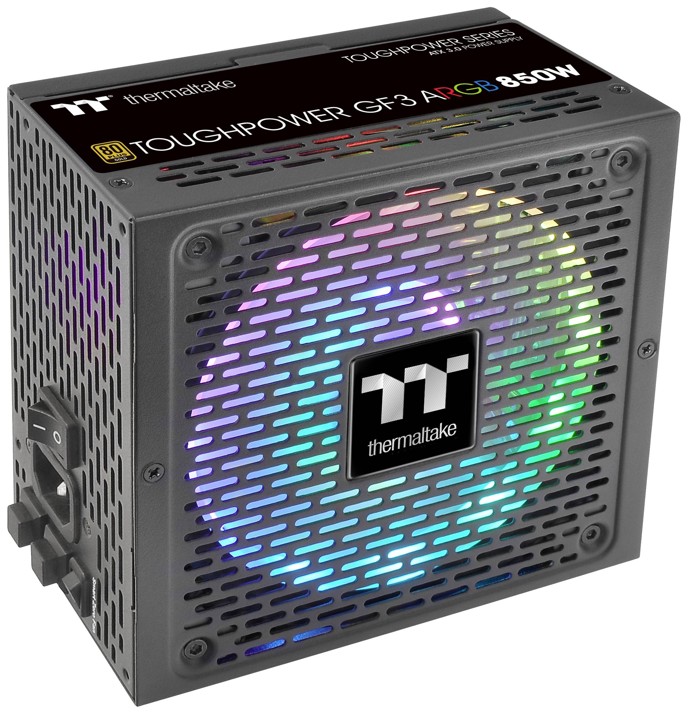 PC-Netzteil 'Thermaltake Toughpower GF3 ARGB 850W' mit bunter RGB-Beleuchtung, geeignet für Gaming- und Hochleistungs-Computer.