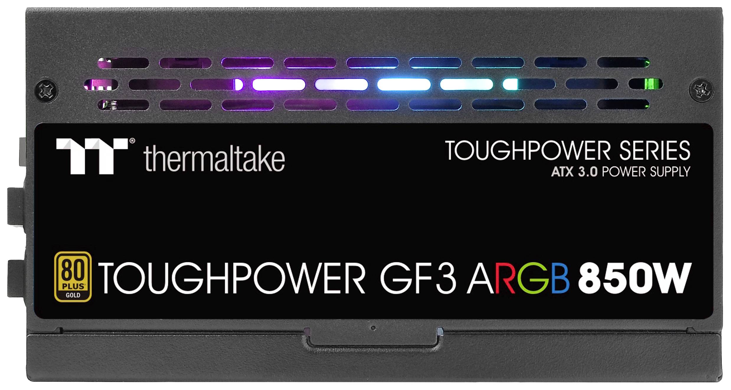 Ein Netzteil von Thermaltake, Modell 'Toughpower GF3 ARGB 850W', zeigt leuchtende RGB-LEDs und 80 Plus Gold-Zertifizierung.