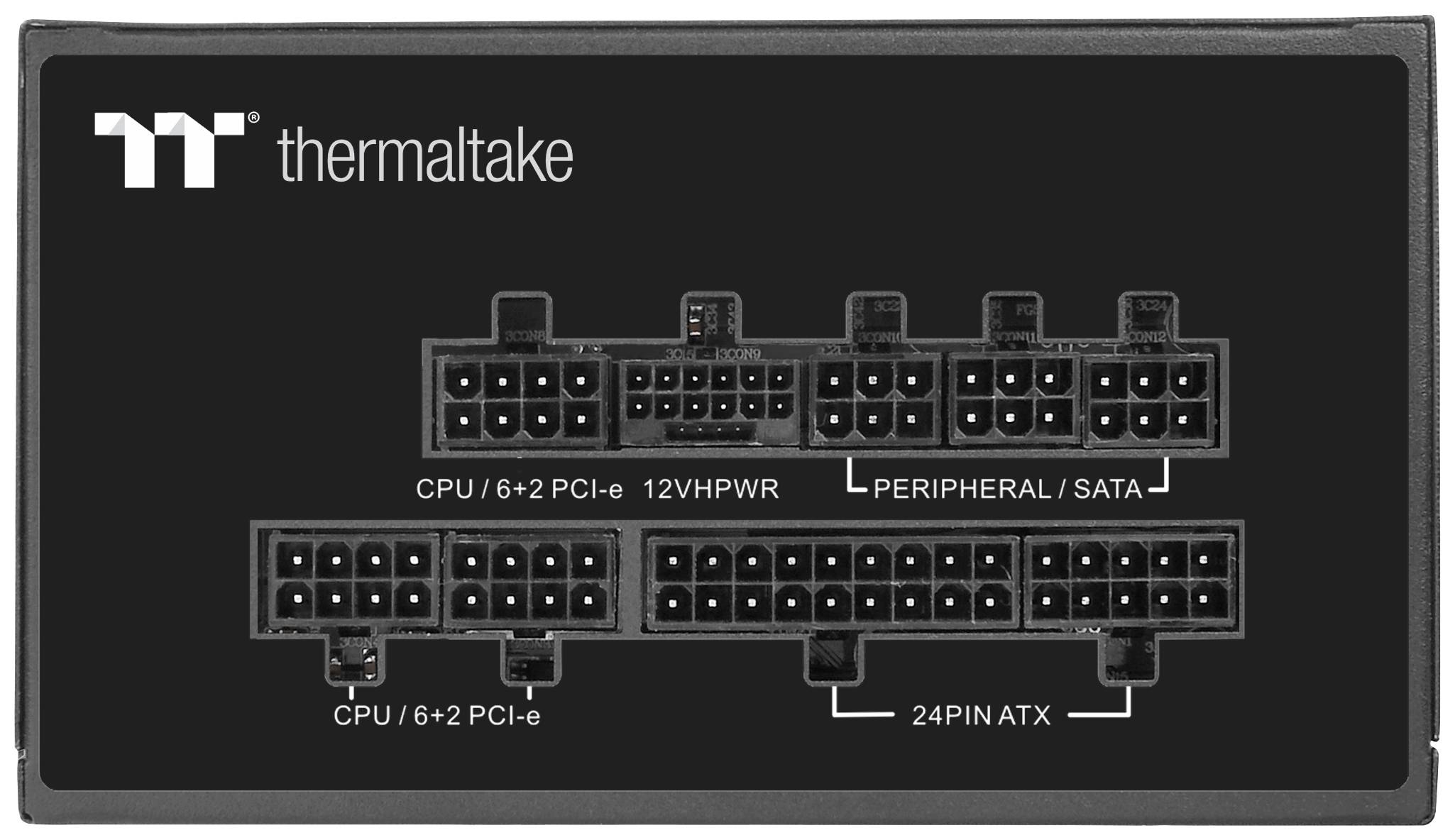 Rückseite eines Computernetzteils von Thermaltake mit verschiedenen Stromanschlüssen beschriftet als 'CPU/6+2 PCI-e', '12VHPWR' und '24PIN ATX'.