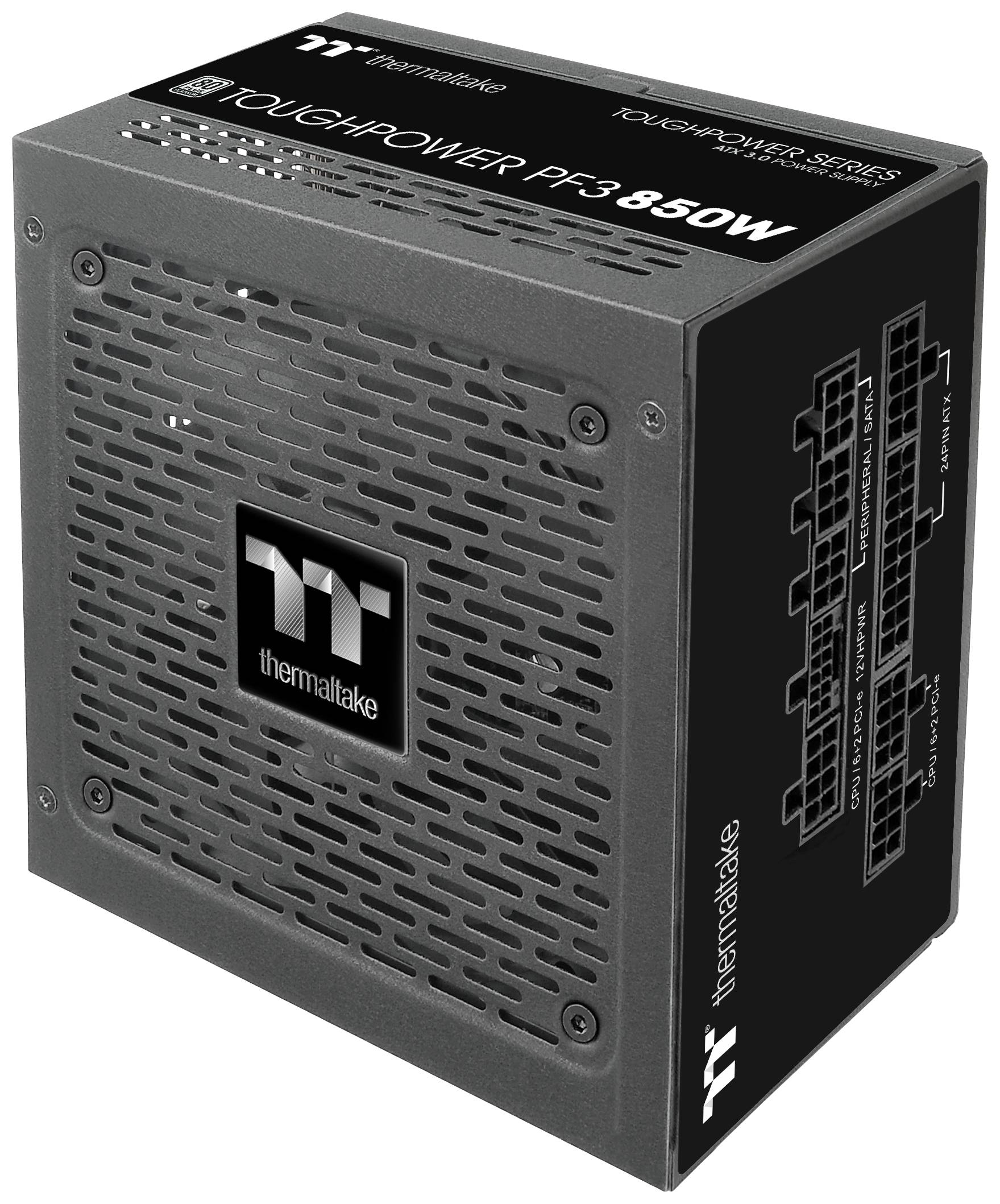 Schwarzes Netzteil von Thermaltake, Modell 'Toughpower PF3 850W'. Enthält Anschlüsse und Spezifikationen auf der Seite.