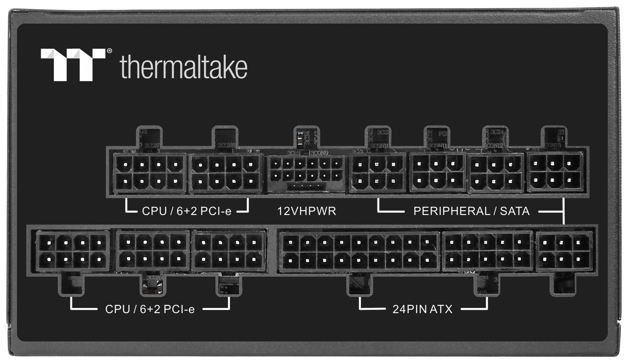 Netzteilanschlüsse eines PC-Netzteils von Thermaltake. Beschriftungen: CPU/6+2 PCI-e, 12VHPWR, PERIPHERAL/SATA, 24PIN ATX.