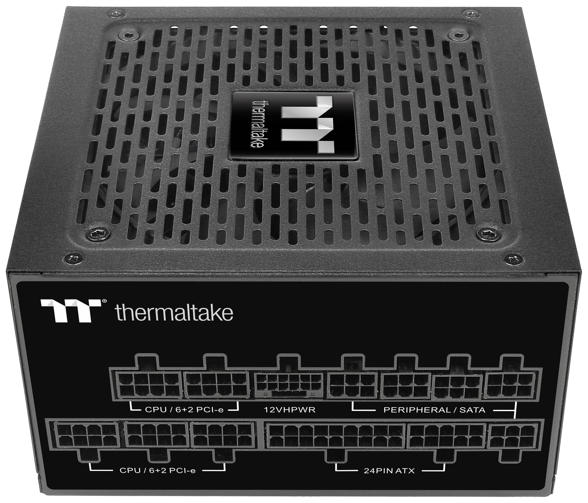 PC-Netzteil von Thermaltake mit mehreren Ports: 'CPU/ 6+2 PCI-e', '12VHPWR', 'Peripheral/SATA', '24PIN ATX'.