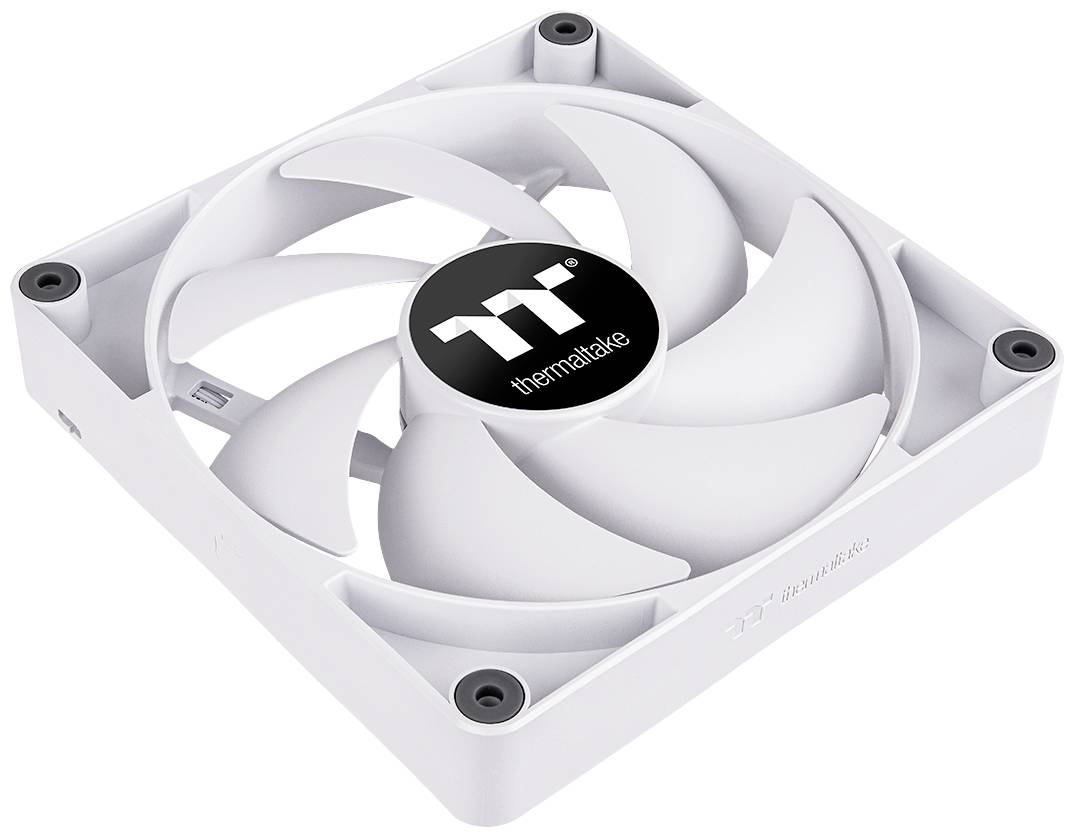 Weiße Computerlüfter mit dem Logo 'Thermaltake' darauf. Das Design zeigt fünf gebogene Lüfterblätter in einem quadratischen Rahmen.