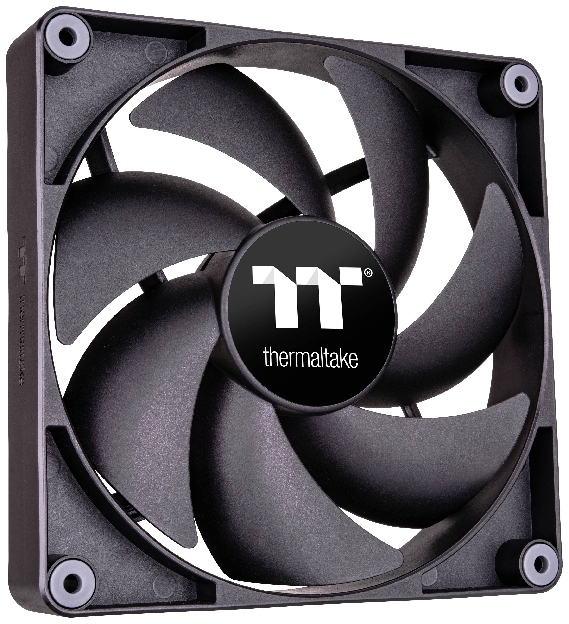 Ein schwarzer Computerlüfter von Thermaltake mit fünf Rotorblättern, geeignet für die Kühlung von PC-Gehäusen.