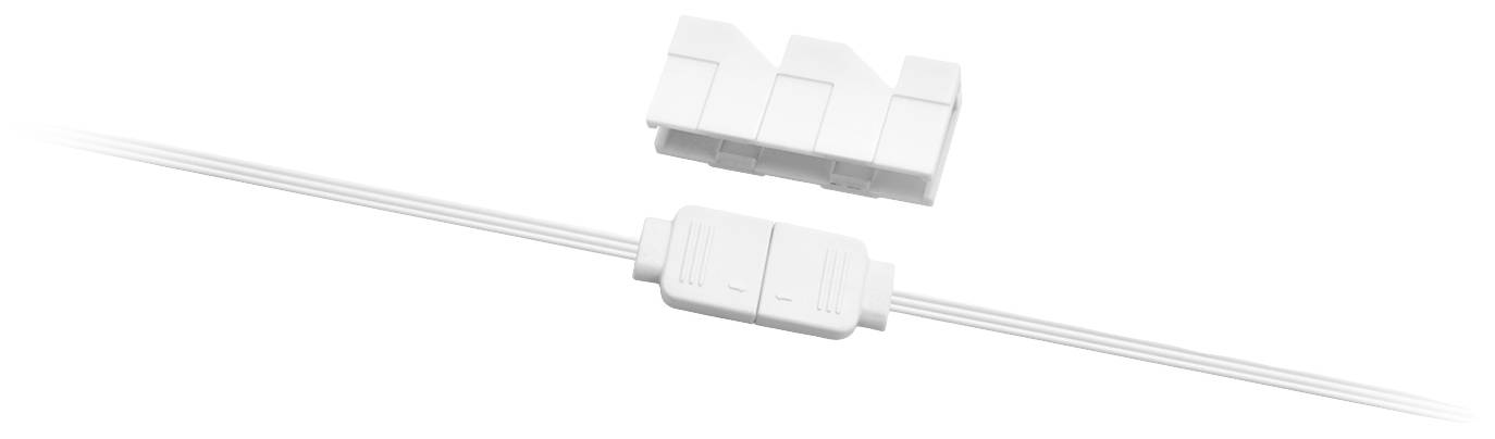 Weißer LED-Strip-Stecker mit Kabel, daneben zwei Gehäusekappen, die zur Verbindung und Abdeckung der elektrischen Kontakte dienen.