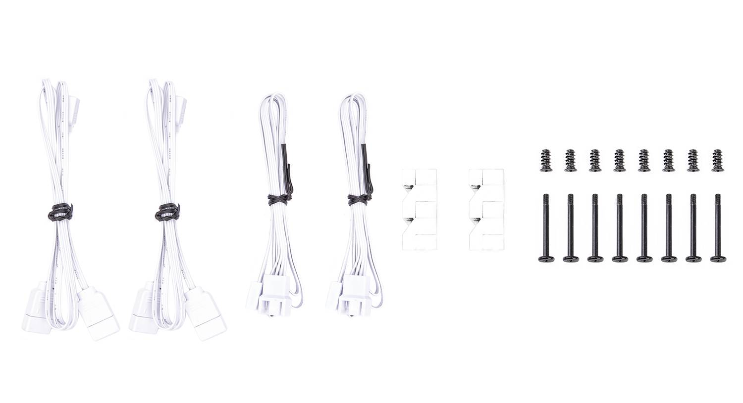 Adapterkabel mit Clips und Schrauben, organisiert in Gruppen.