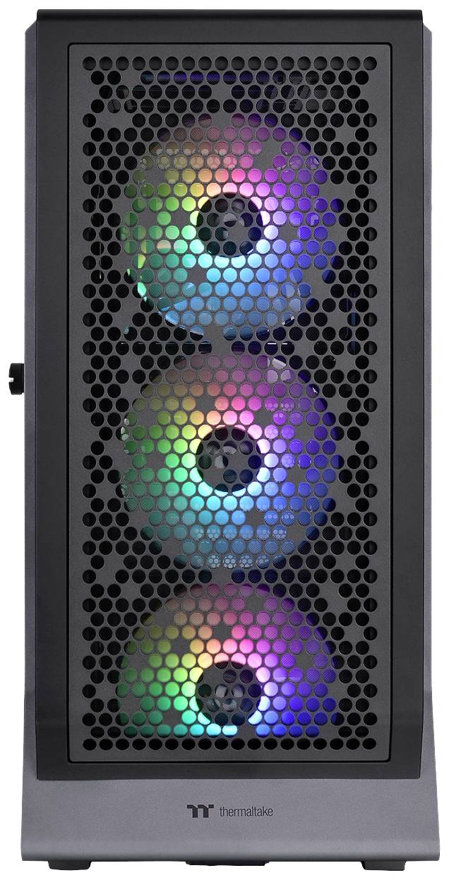 Gehäuse eines Computers mit drei großen, bunten LED-Lüftern an der Vorderseite, die durch ein schwarzes, wabenförmiges Gitter sichtbar sind.