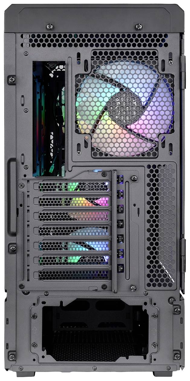 Ein Computergehäuse-Rückansicht mit sichtbaren Lüftern, die LED-Lichter in verschiedenen Farben zeigen, und mehreren Anschluss-Slots.