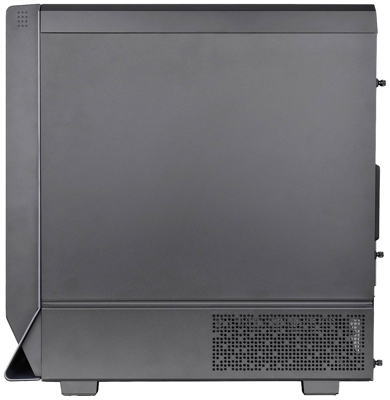 Ein schwarzes Computergehäuse mit glatter Oberfläche und seitlichem Lüftungsauslass, gezeigt von der linken Seite.