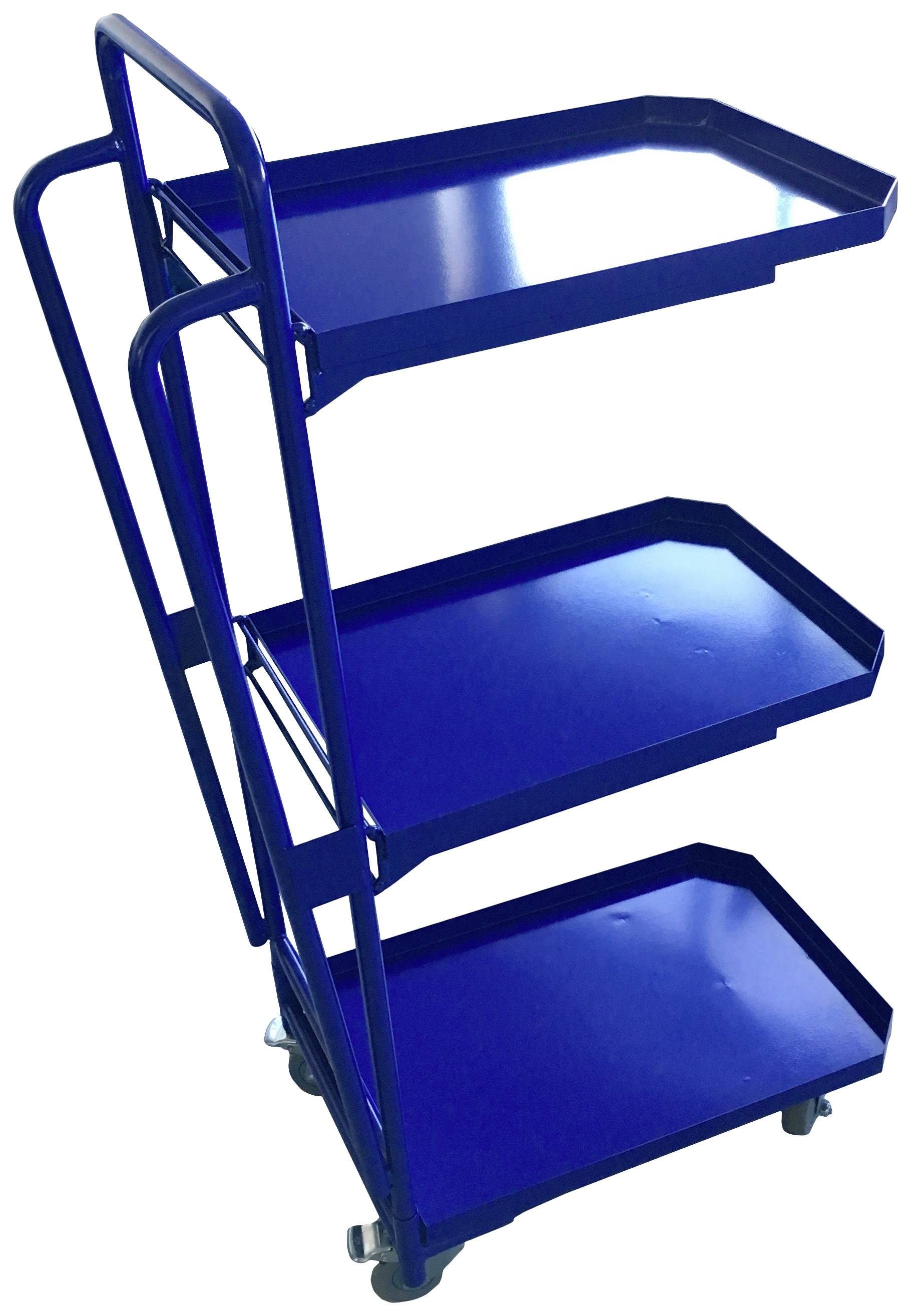 Blauer dreistöckiger Servierwagen mit Rollen, geeignet für Transport oder Lagerung von Gegenständen, vor weißem Hintergrund.